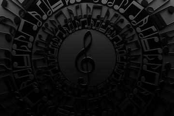 Treble clef in a circle of musical notes on a black background. Design. 3D illustration