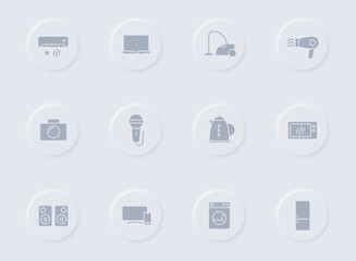 household gray glyph icons on round rubber buttons. household vector icons for web, mobile apps, ui design and promo business polygraphy
