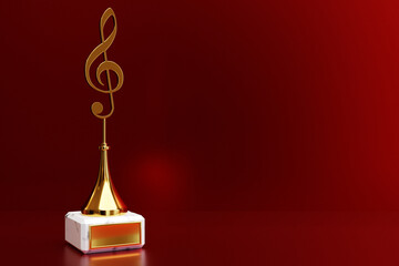 Golden music award with a treble clef on a red background, 3d illustration