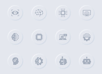 neural network gray glyph icons on round rubber buttons. neural network vector icons for web, mobile apps, ui design and promo business polygraphy