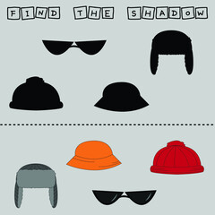 Developing activity for children, find a pair among identical of   clothes   hat,panama,sunglasses. Logic game for children.