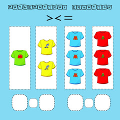 math problem: Greater, less, or equal. Count the number of  t-shirt and compare. Educational math game for children.