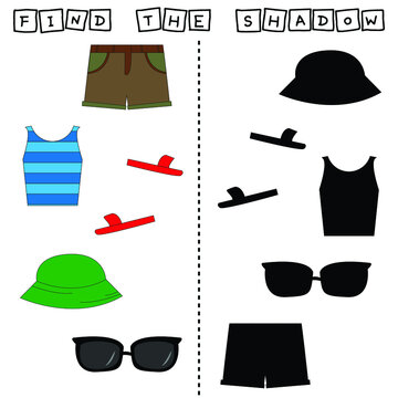 Developing activity for children, find a pair among identical of   clothes  short, t-shirt, panama, sunglasses, flip flops. Logic game for children.