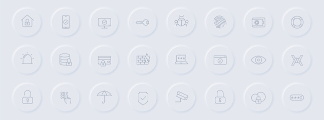 security line gray icons on round rubber buttons. security icon set for web, mobile apps, ui design and promo business polygraphy