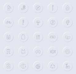 zero waste line gray icons on round rubber buttons. zero waste icon set for web, mobile apps, ui design and promo business polygraphy