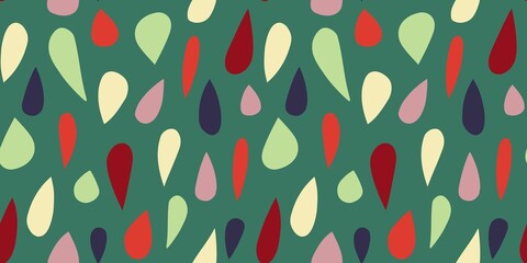 Hand drawn raindrops seamless pattern om green background. Water drops wallpaper. Doodle rain backdrop. Scandinavian style.