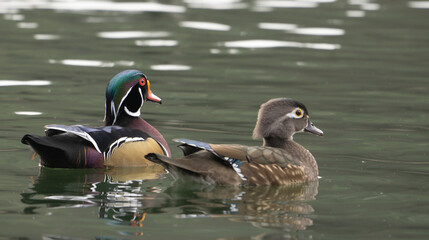female and male wood ducks on a lake