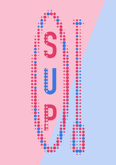 SUP board and standing paddle. Dotted icon, vector logo sport label, sticker or badge. SUP in flat design style in pink and blue.