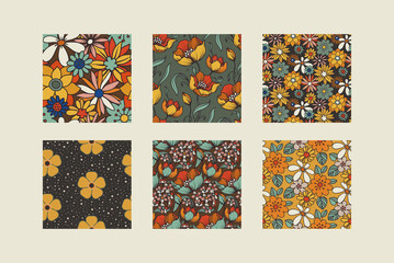 Set of vector retro seamless patterns, inspired by prints from the 60s and 70s