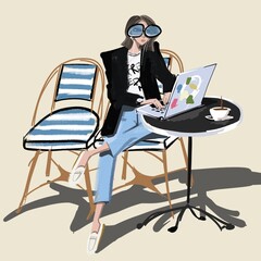 Girl in cafe with laptop 