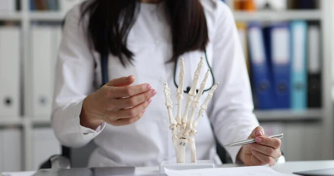 Doctor shows model of hand and bones of skeleton