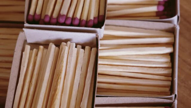 Lots of matchboxes, close-up video. Detailed 4k resolution video. Matchboxes videos.