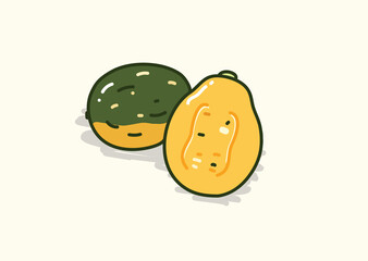 Sliced and whole pumpkin squash in cute cartoonish flat vector illustration art design