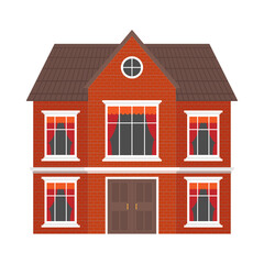 Two story red brick house. Icon, vector style, flat style