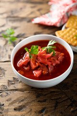 Traditional homemade beetroot soup with fresh parsley
