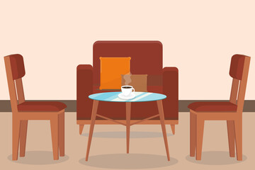armchair and chairs near the table with a cup of coffee at home or in a cafe