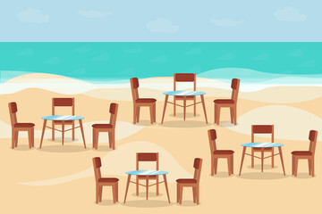 restaurant with chairs and tables on a sandy beach near the sea