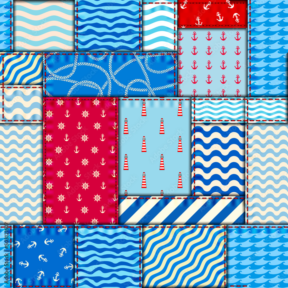 Poster Patchwork seamless pattern in marine style. Art seamless background.