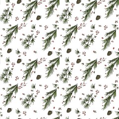 Christmas pattern on a white background green fir branches red berries brown cones