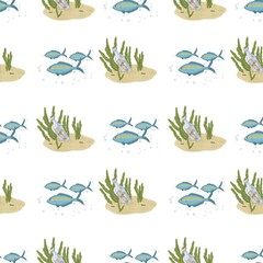 Pattern flock of turquoise fish with a yellow stripe and green algae card in a bottle on the seabed