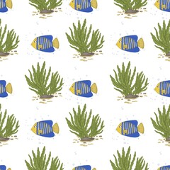 Pattern on a white background yellow with blue stripes fish angels green algae kelp
