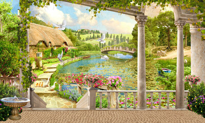 Rural landscape. Swans on the pond. Photo wallpapers.