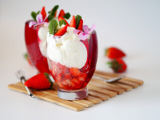 Strawberries with cream. Dessert in a glass