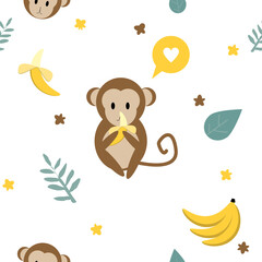 cute monkey eating banana seamless pattern for fabric print