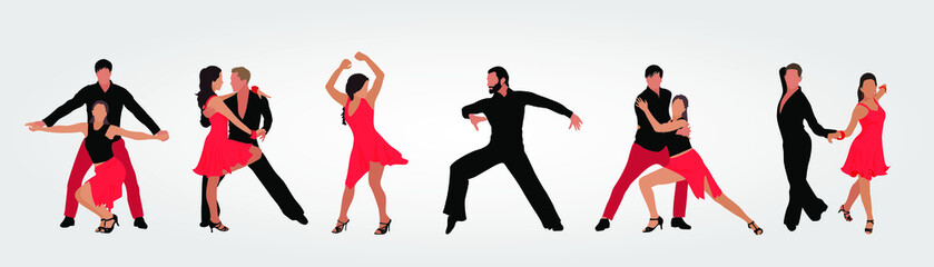 Naklejka na ściany i meble Latina dance. Dancers in salsa, bachata or tango poses wearing formal black and red costumes. Set of vector isolated illustrations 