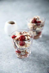 Homemade meringue dessert with raspberry and chocolate