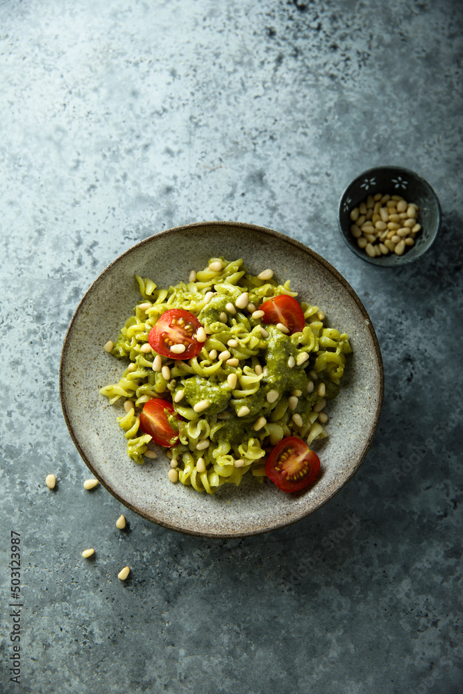 Canvas Prints Pasta with pesto sauce and tomatoes