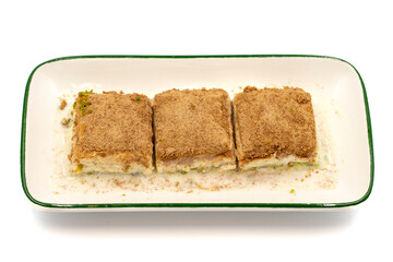 Cold baklava. Baklava with milk isolated on a white background. Mediterranean cuisine delicacies. Close-up. Local name soguk baklava