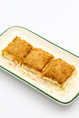 Cold baklava. Baklava with milk isolated on a white background. Mediterranean cuisine delicacies. Close-up. Local name soguk baklava