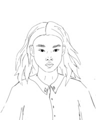 portrait of asian teenage girl, sketch line illustration
