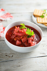 Traditional homemade beetroot soup with fresh parsley