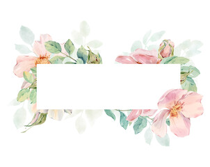 Rectangular floral frame border of pink flowers, buds and light green leaves. Hand drawn watercolor illustration isolated on white background. Background for wedding invitations, cards, holiday design