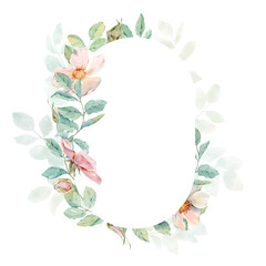 Oval floral frame, hand-drawn in watercolor from pink flowers, buds and light green leaves. Illustration isolated on white background. Background for wedding invitations, cards, holiday design