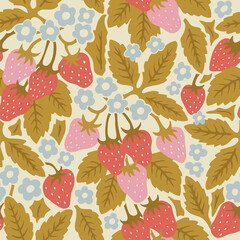 Vector strawberry and flowers illustration seamless repeat pattern fashion and home decor print fabric digital artwork