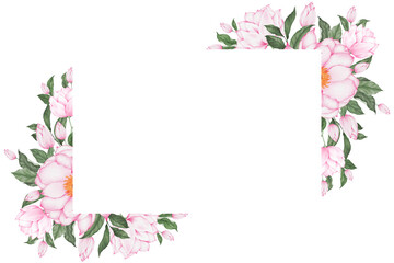Watercolor floral frame. White frame decored with pink flower watercolor for wedding invitation and greeting card design.  