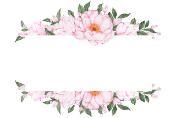 Watercolor floral frame. White frame with pink flower watercolor for wedding invitation and greeting card design.  