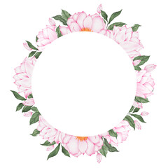 Watercolor floral frame. White frame with pink flower watercolor for wedding invitation and greeting card design.  