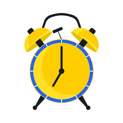 Alarm clock with yellow and blue arrows showing 7 am on a white background. It's time to get up and wake up for work, school. Vector.