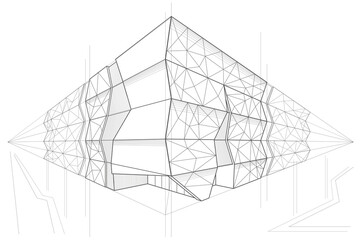 Linear arcitectural sketch public building perspective on white background