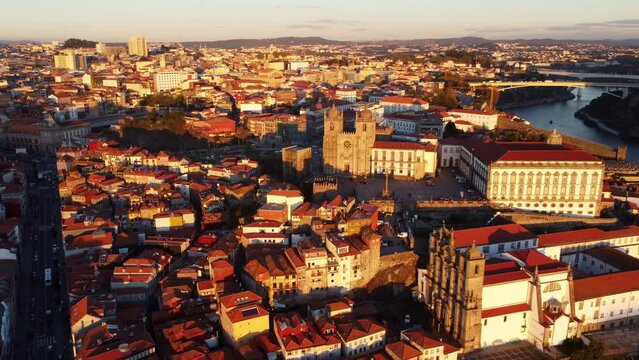 Drone view of Pillory of Porto, Porto Cathedral and Historical Museum at sunset.