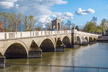 Fototapeta premium Meric bridge, Turkey Historic Meric Bridge Over the Meric River. It is a bridge from the Ottoman Empire period. It was built in 1847 during the reign of Sultan Abdulmecit. The river is dry due to the 