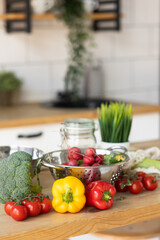 Fresh ripe organic ingredient for vegetarian salad, Low calories diet meal. Colourful vegetables: pepper, tomato, cucumber, broccoli. Natural source of vitamins, healthy food