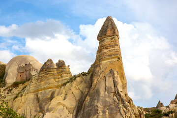 Volcanic rocks and limestone cliffs in Cappadocia valley. Turkey. Tourism and travel. geology and soil erosion