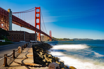 Beautiful view of the Golden Gate Bridge under the blue clear sky