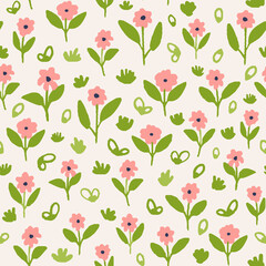 Blossom floral seamless repeat pattern. Random placed, vector flowers with leaves botanical all over surface print on white background. 