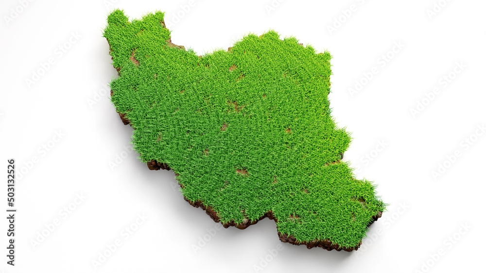 Sticker 3d rendering of a detailed iran map with grass and soil on a white background